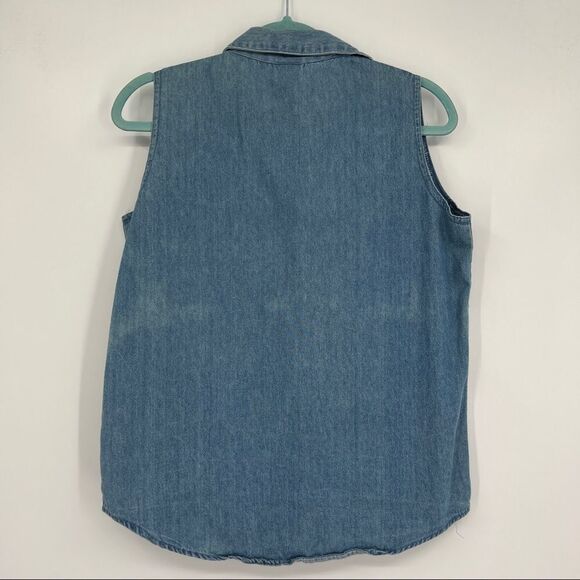 VTG Mickey Unlimited Jerry Leigh Blue Chambray Button Down Sleeveless Shirt - Picture 7 of 10